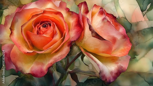 Capture a detailed close-up shot of two intertwined roses in watercolor, showcasing courtship in nature