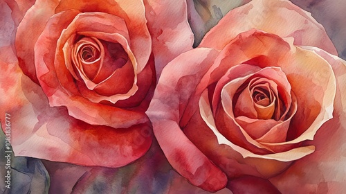 Capture a detailed close-up shot of two intertwined roses in watercolor, showcasing courtship in nature