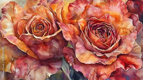 Capture a detailed close-up shot of two intertwined roses in watercolor, showcasing courtship in nature