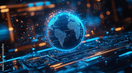 A modern visualization of Earth set in a cyber abstraction, represented by bright data points and lines to symbolize high-technology and global networks. photo