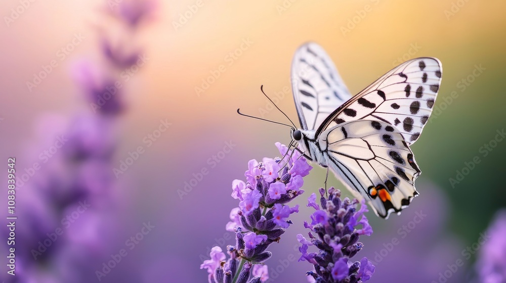 Obraz premium A delicate butterfly perched on lavender blooms, showcasing intricate wing patterns against a soft, colorful background.