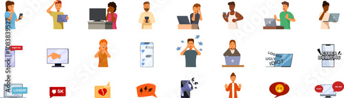 Cyber bullying harassment icons set. Set of diverse people using computers and smartphones, receiving negative comments and insults online, suffering from cyberbullying