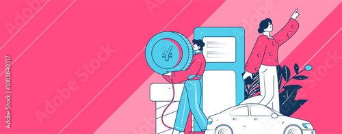 Vector Internet operation hand-drawn illustration of people getting discounts for refueling their cars
