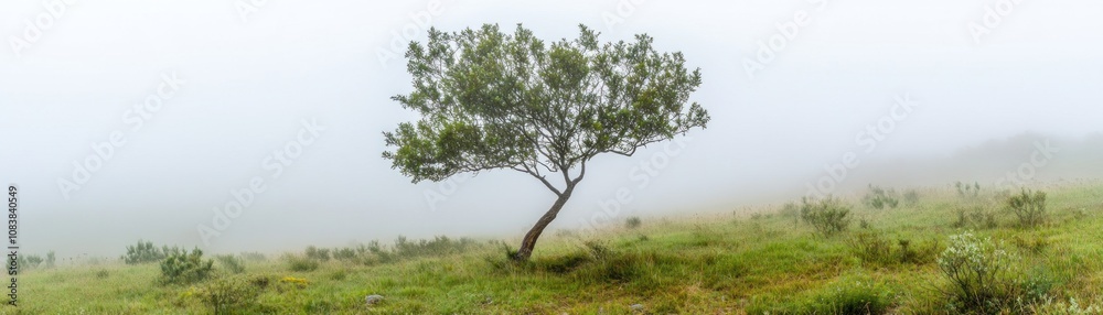 Fototapeta premium A solitary tree stands in a foggy landscape, creating a serene and tranquil atmosphere.