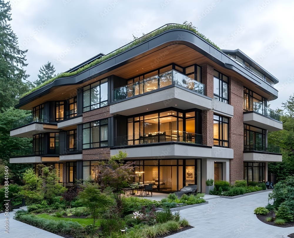 Fototapeta premium A four storey modern mid rise apartment with metal wood beige brick and glass cladding featuring an oval roof and green roof in darker earthy tones
