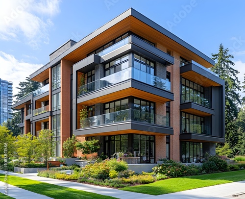 A four storey modern mid rise apartment with metal wood beige brick and glass cladding featuring an oval roof and green roof in darker earthy tones photo