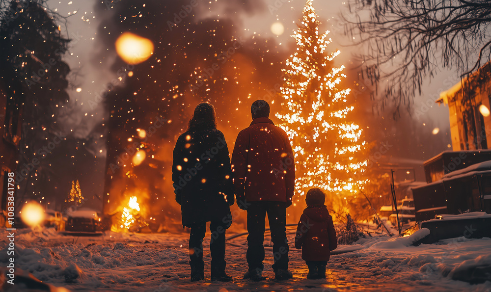 Obraz premium Family stands in snow near a glowing Christmas tree, watching their burned home. A tragic moment under snowfall, blending warmth of lights with destruction. Loss, resilience, or tragedy