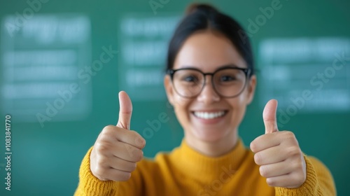 Cheerful teacher giving thumbs up gesture to student in classroom offering encouragement and nurturing support during a lesson to boost the student s confidence and learning experience photo