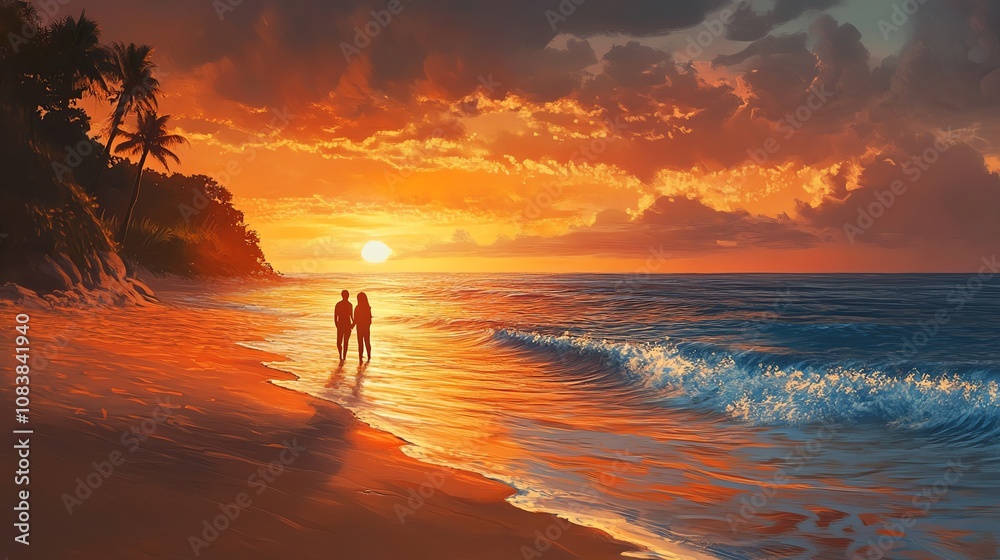 Obraz premium Imagine a breathtaking sunset on a secluded beach, with a couple sharing an intimate moment as the waves gently roll onto the shore