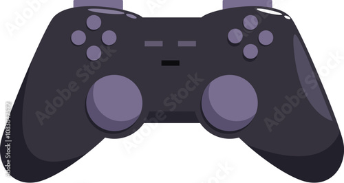 Black wireless gamepad controller with purple buttons, representing gaming and entertainment