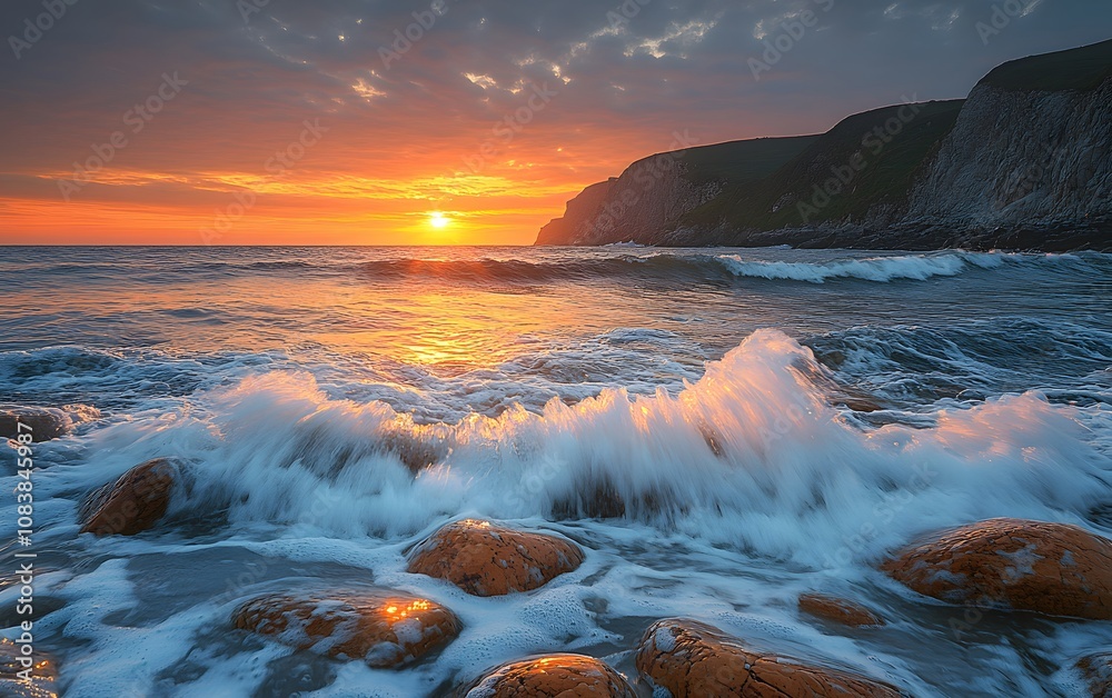 Obraz premium A serene sunset over a rocky beach with waves crashing against the shore.