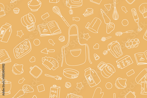 Fashionable pattern of baking accessories hand drawn in doodle style. Set of kitchen utensils for making delicious pastries. Vector.