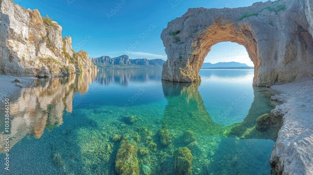 Naklejka premium Stunning rock archway framing tranquil lake.