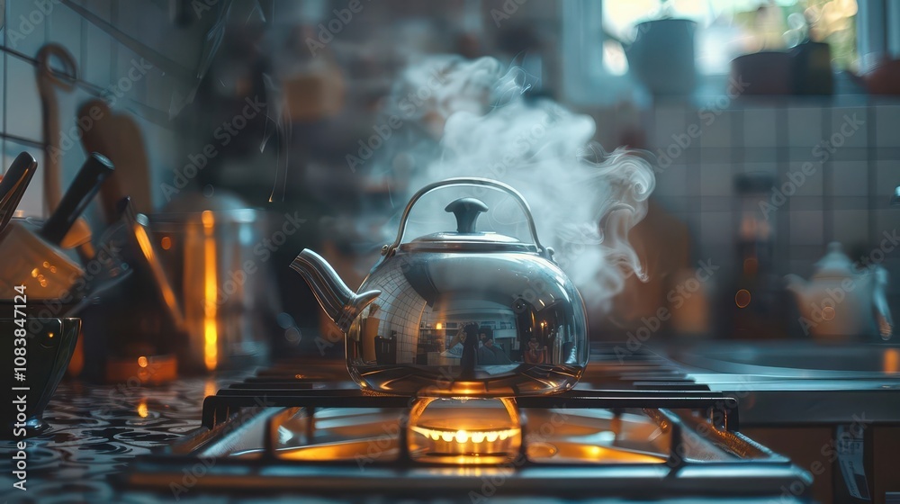 Obraz premium A minimalist shot of a stainless steel kettle whistling on a stove