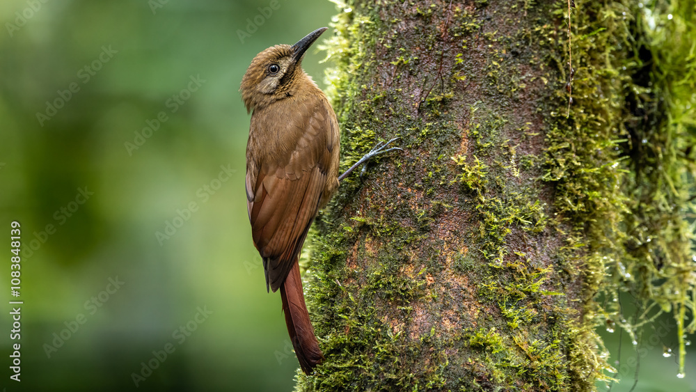 Spot throated woodcreeper bird on tree trunk