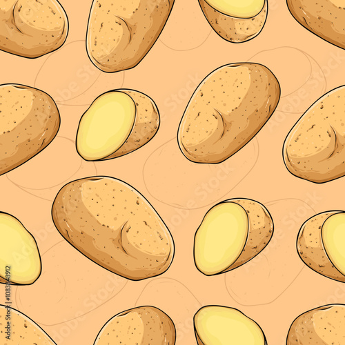 Hand drawn seamless pattern of full and half cut healthy organic golden potatoes