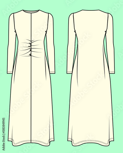 Ladies ruched front viscose long dress flat sketch