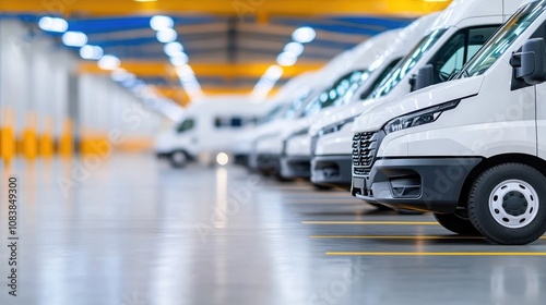 Fototapeta Naklejka Na Ścianę i Meble -  Delivery trucks lined up in a warehouse parking lot on a bright summer day under colorful lighting
