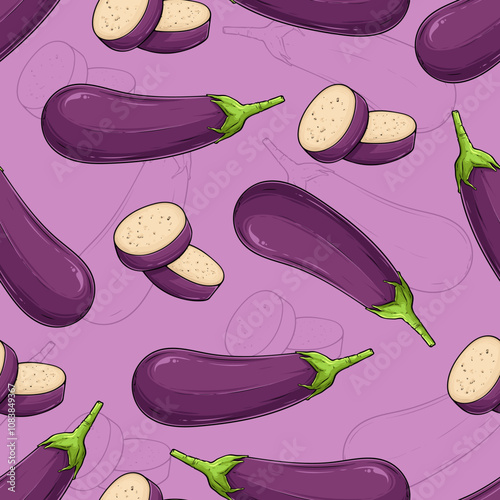 Hand drawn seamless pattern of  fresh purple fully and sliced eggplant good for body and skin health