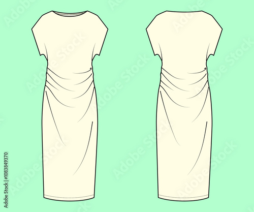 Ladies long ruched midi dress flat sketch