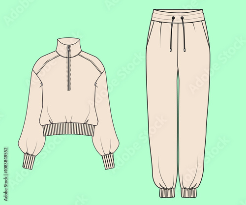 Ladies fleece crop half zip funnel neck sweatshirt and jogger tracksuit flat sketch.
