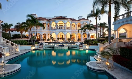 Luxurious Mediterranean-style mansion with palm trees and a large pool reflecting its elegant architecture, illuminated warmly at dusk, creating a scene of opulence and serenity