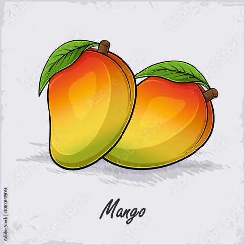 Hand drawn pair of juicy red, yellow tasty tropical exotic fresh mangos with green leaves on top