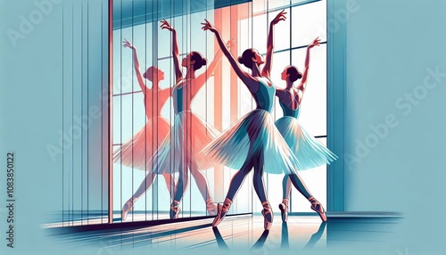 Ballerina practicing elegant pirouettes in a mirrored dance studio, vibrant colors and double exposure effect, showcasing grace and artistry in ballet photo