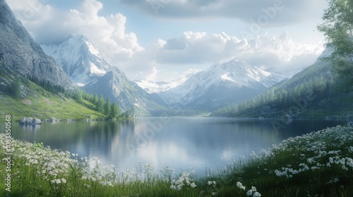Scenic mountain landscape reflecting in a tranquil lake