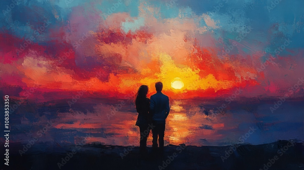 Obraz premium Silhouette of a couple watching a vibrant sunset over the ocean, painting style.