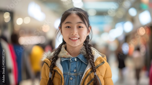 Wallpaper Mural A young girl smiles brightly as she explores the bustling shopping mall filled with people Torontodigital.ca