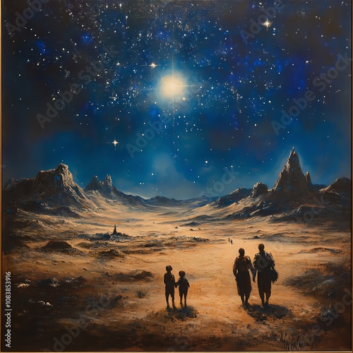 An intriguing oil painting showcasing a family journeying across a vast, fantastical desert under a starlit sky