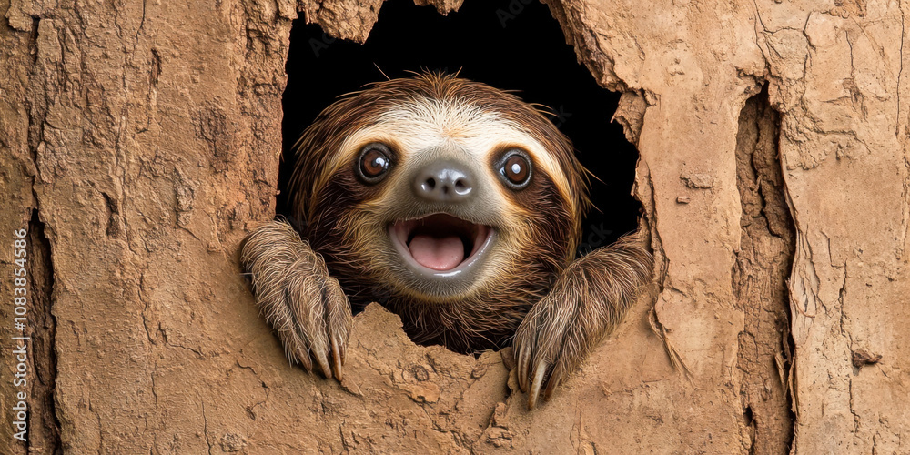 Naklejka premium Happy sloth peeking out from tree hole displaying joyful expression in daylight forest