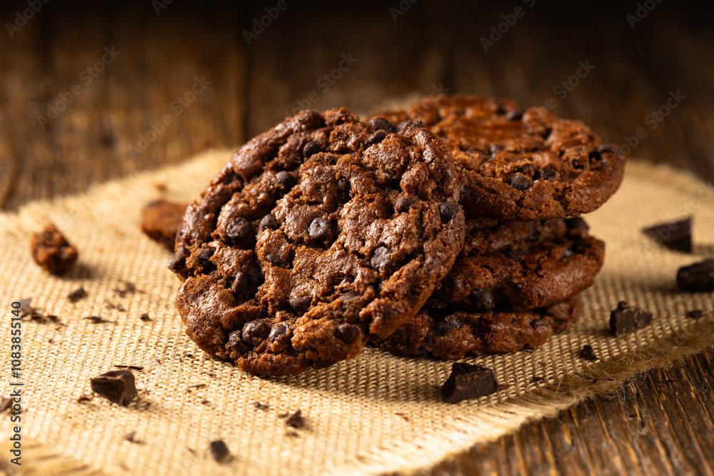 Fototapeta premium Delicious, shortcrust chocolate cookies with chocolate pieces.