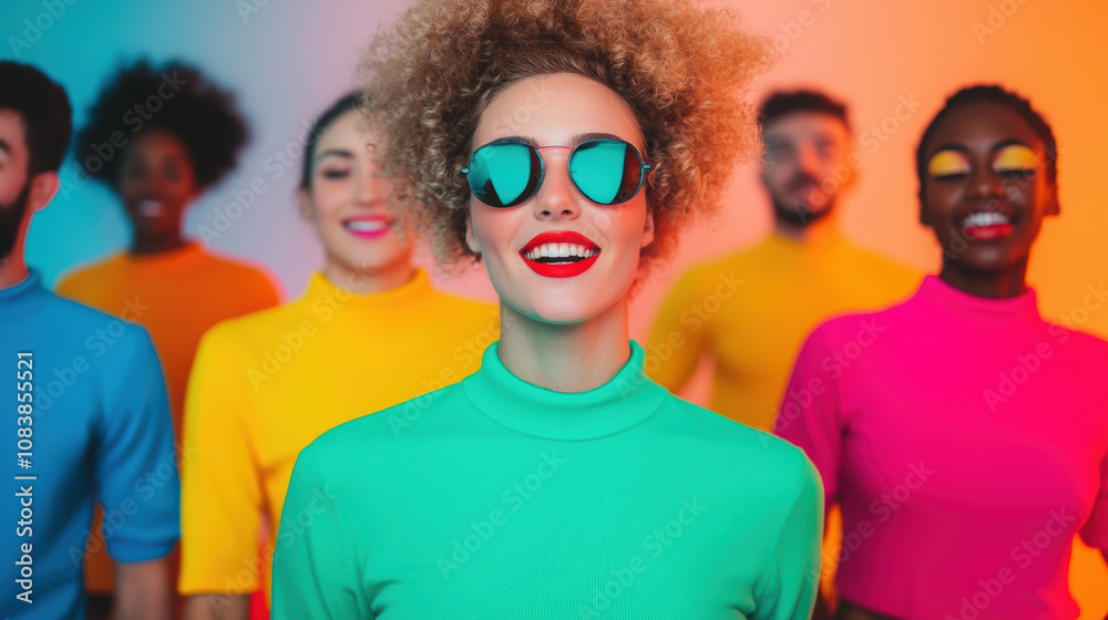 Fototapeta premium Group Dance Class Fun Concept. A vibrant group of people wearing colorful outfits and sunglasses, exuding joy and a lively atmosphere, creating a fun and energetic vibe.