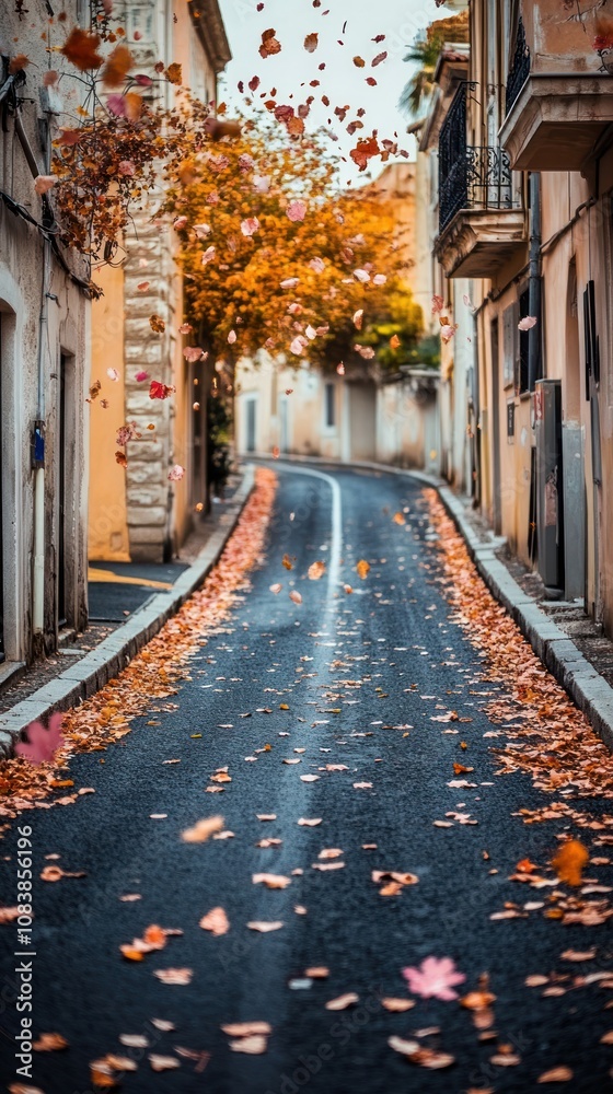 Obraz premium A serene autumn street lined with colorful fallen leaves and charming buildings.