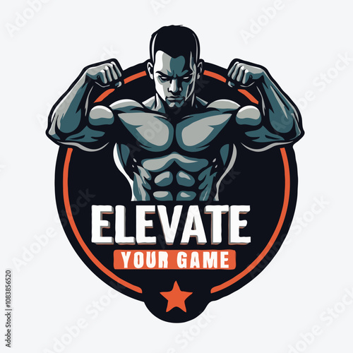 Elevate your game text with a body builder illustration t-shirt design for gym guy