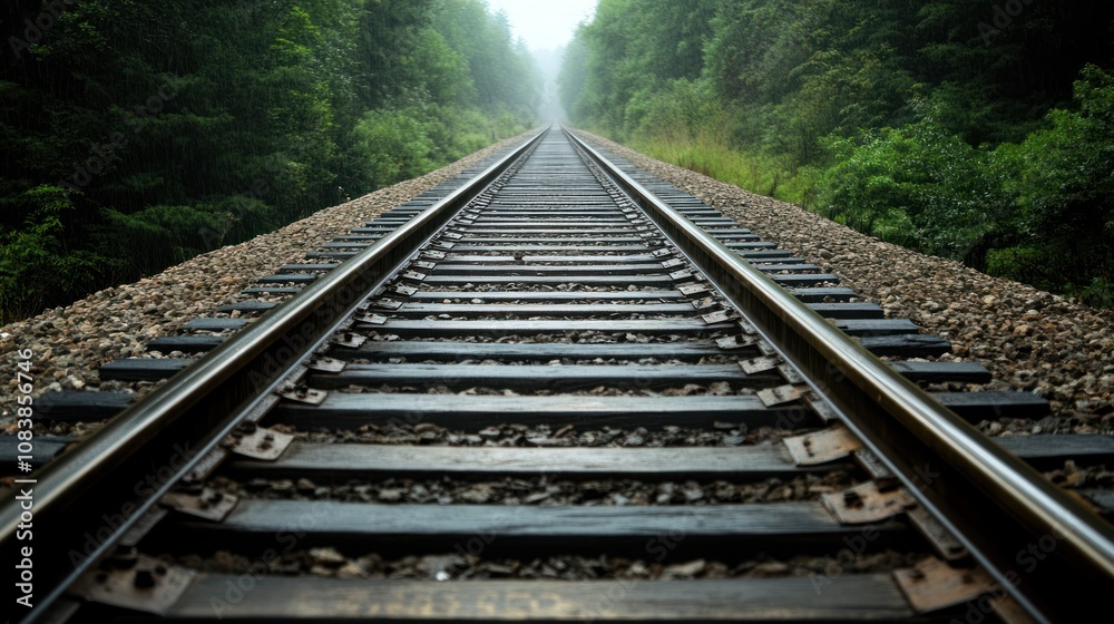 Obraz premium A view of train tracks extending into a foggy forest landscape.