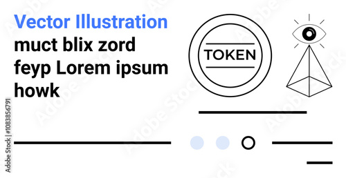 Token symbol, all-seeing eye on pyramid, lines, dots, and placeholder text in black and blue. Ideal for web design, branding, digital content, marketing, user interfaces, print media, modern art