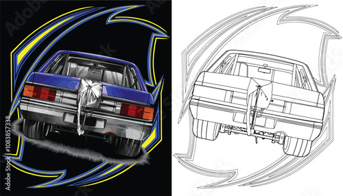Outline blue and painted racing car. Isolated in black background, for t-shirt design, print. and for business purposes.