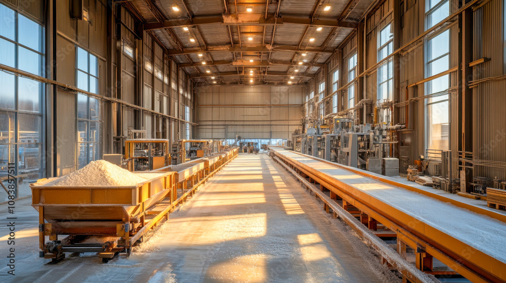 Fototapeta premium Industrial factory interior with equipment and raw materials in the morning light