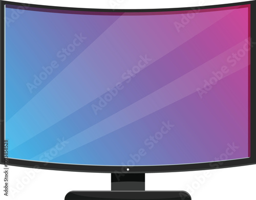 Modern wide screen curved smart tv displaying colorful abstract gradient, isolated on white background