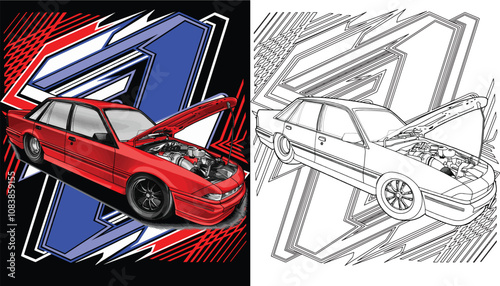 Outline red and painted racing car. Isolated in white background, for t-shirt design, print, and for business purposes.