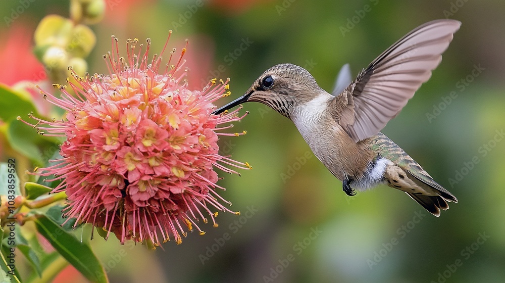 Fototapeta premium Hummingbird Feeding on Nectar from a Bright Flower in Mid-Air