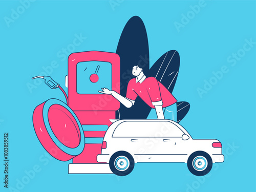 Vector Internet operation hand-drawn illustration of people getting discounts for refueling their cars
