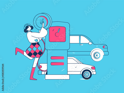Vector Internet operation hand-drawn illustration of people getting discounts for refueling their cars
