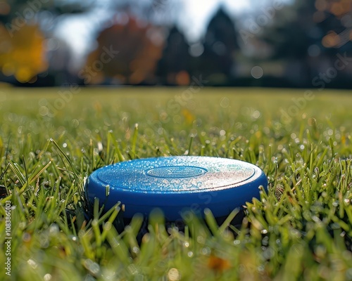 A simple, blue frisbee lying on a sunny, green lawn