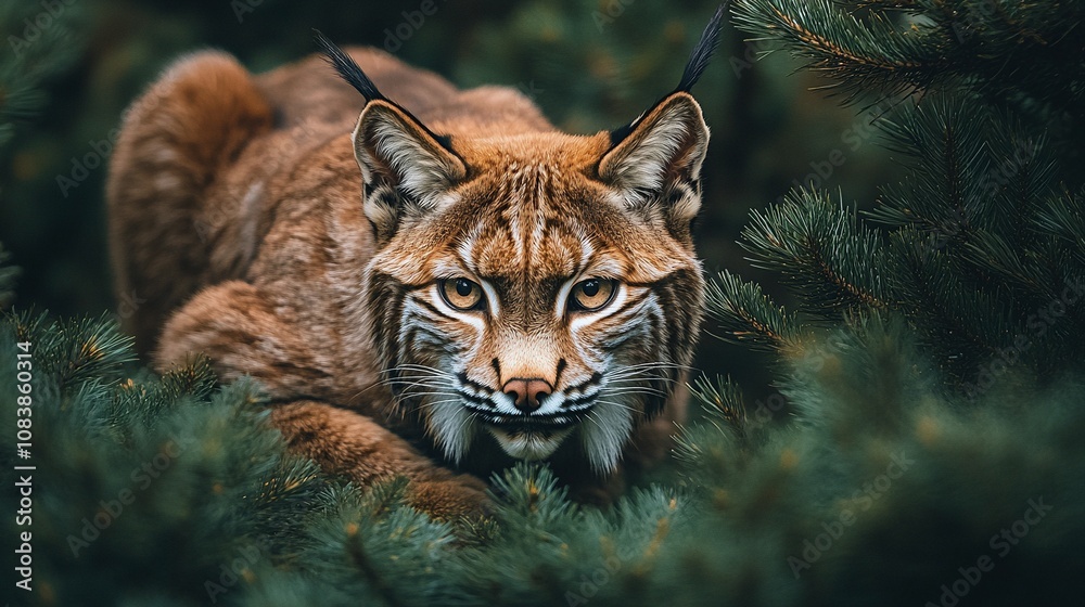 Obraz premium Lynx Crouched in Dense Pine Forest Blending with Shadows