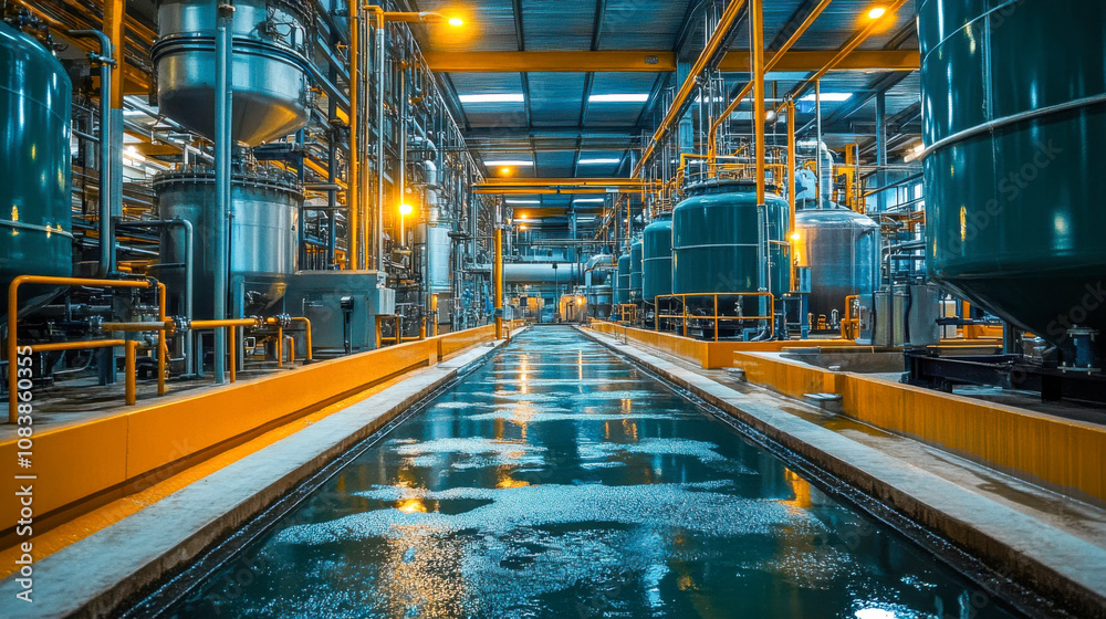 Obraz premium Industrial refinery interior with large tanks and pipes during daylight