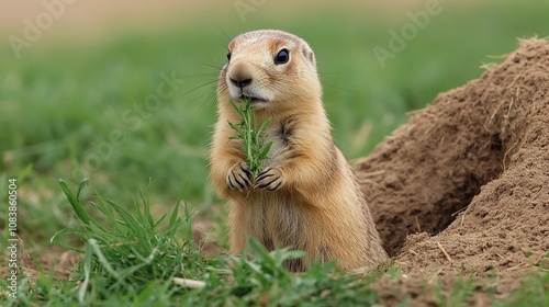 Prairie Dog Standing Upright Near Burrow with Grass in Open Grassland photo